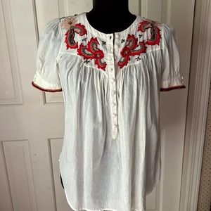 French Connection cream bohemian beaded cotton top, size 4. EUC.